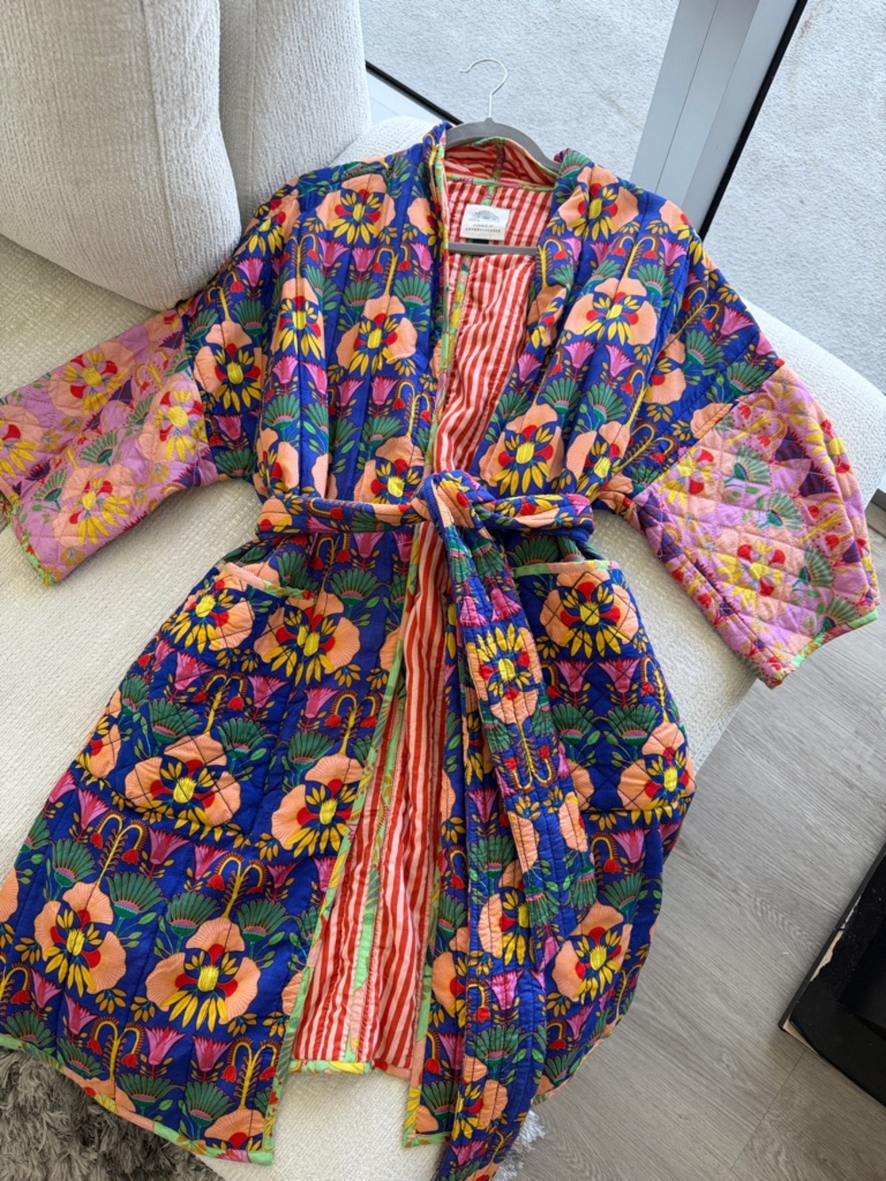 Anthropologie Bold Floral Quilted Robe in Royal Blue, Yellow & Pink